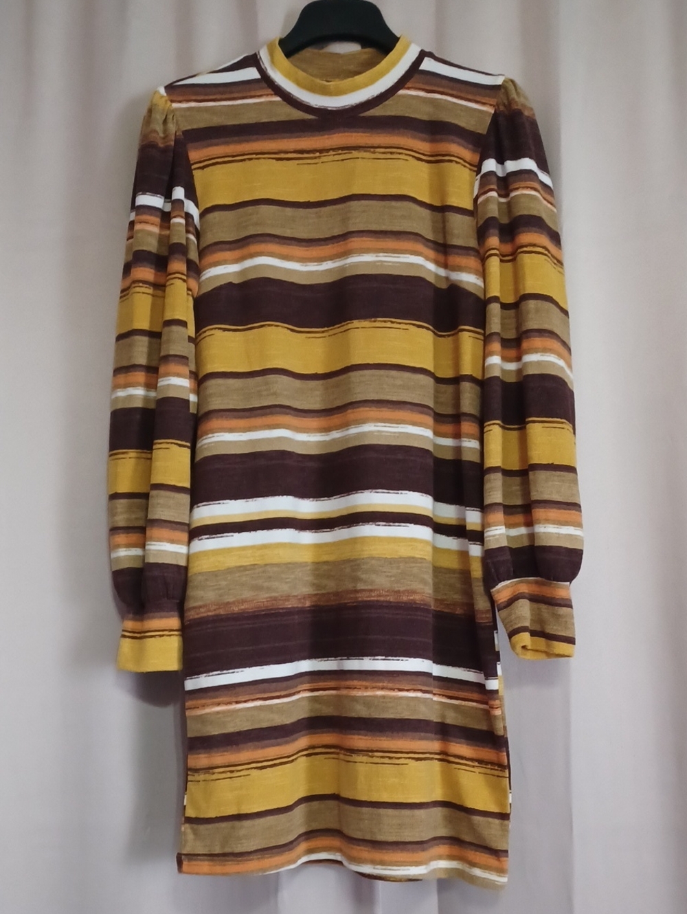 Cato Size L Retro Mod Striped Mock Neck Long Sleeve Shift Dress Brown Yellow